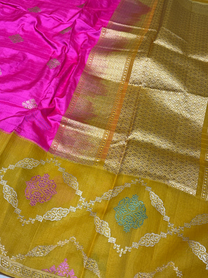 Rani Pink Handwoven Pure Banarasi Ektara Silk Saree with Kadhiyaal Kora Border