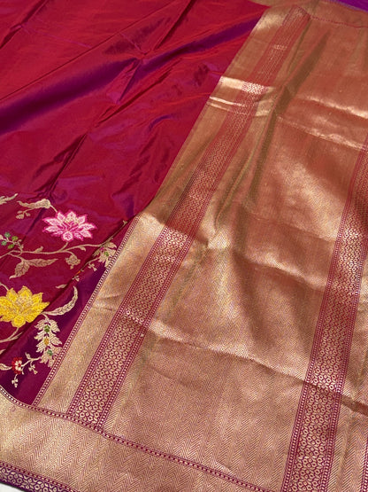 Rani Pink Handwoven Pure Banarasi Katan Silk Half-Half Saree