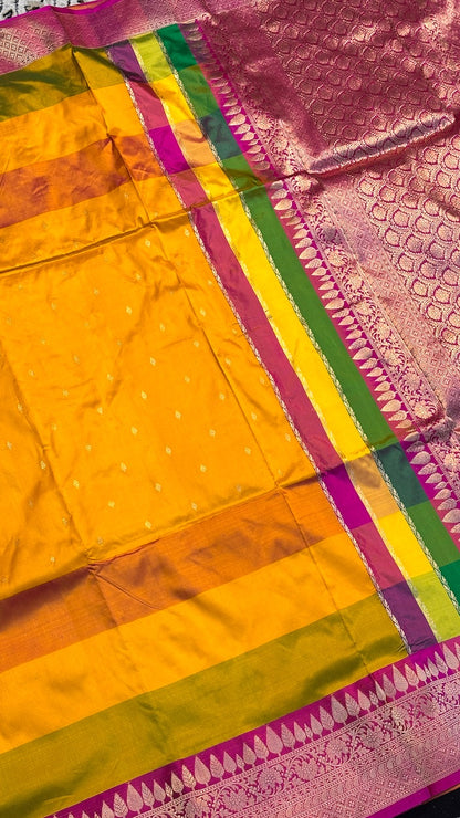 Musterd Yellow Mango Banarasi Katan Silk Handwoven Saree