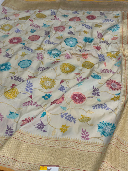 Ivory Handwoven Pure Banarasi Katan Silk Saree