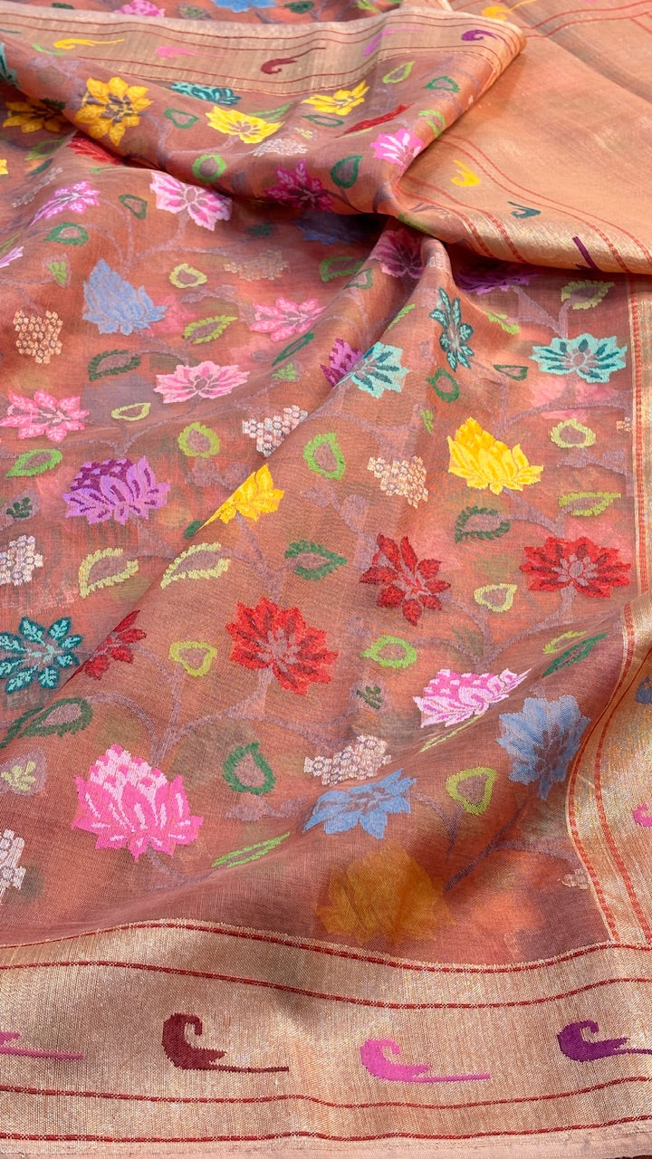 Rose Pink Pure Banarasi Tissue Handwoven Saree with Real Zari