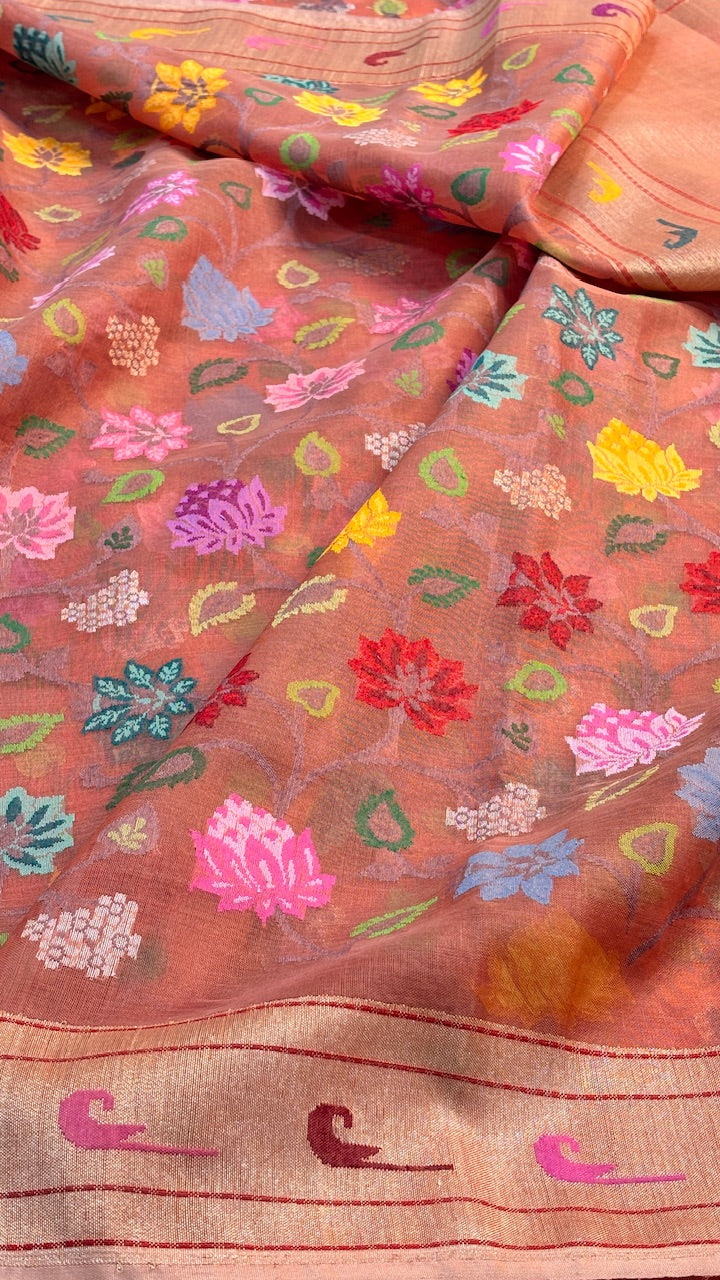 Rose Pink Pure Banarasi Tissue Handwoven Saree with Real Zari