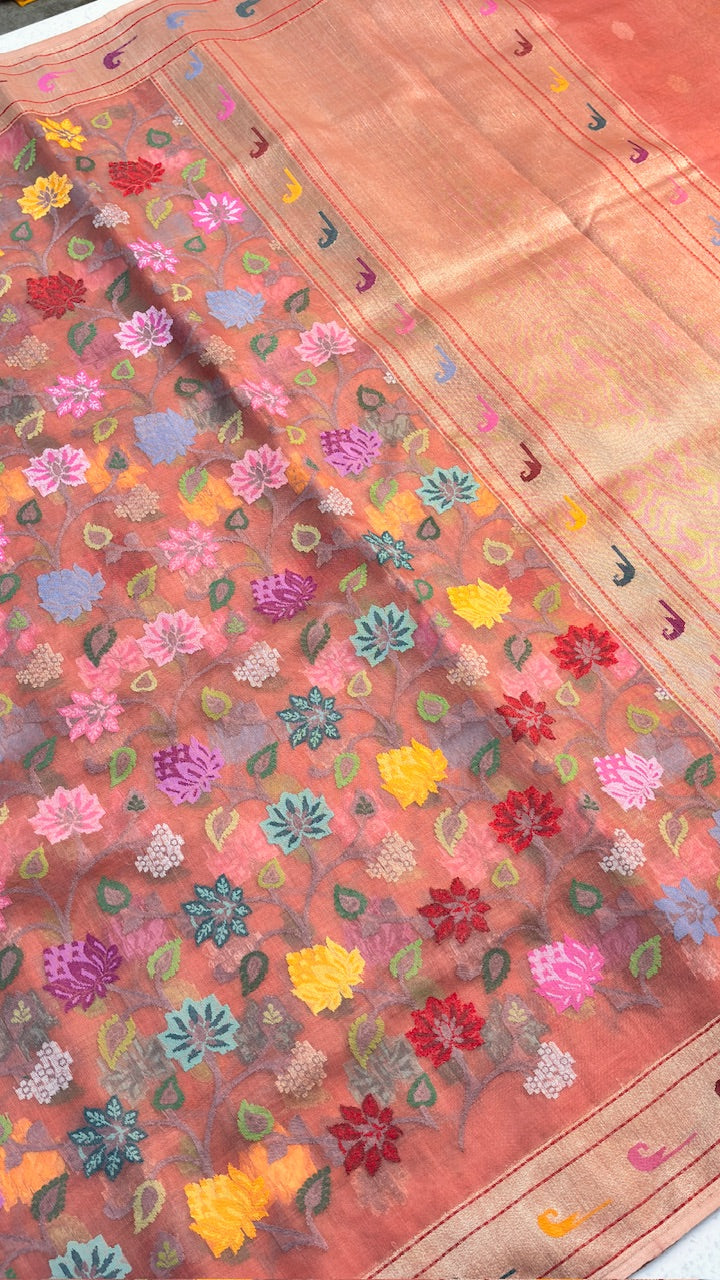 Rose Pink Pure Banarasi Tissue Handwoven Saree with Real Zari