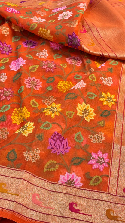 Orange Pure Banarasi Tissue Handwoven Saree with Real Zari