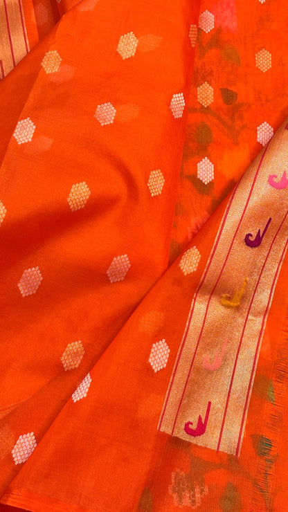 Orange Pure Banarasi Tissue Handwoven Saree with Real Zari