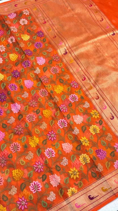 Orange Pure Banarasi Tissue Handwoven Saree with Real Zari