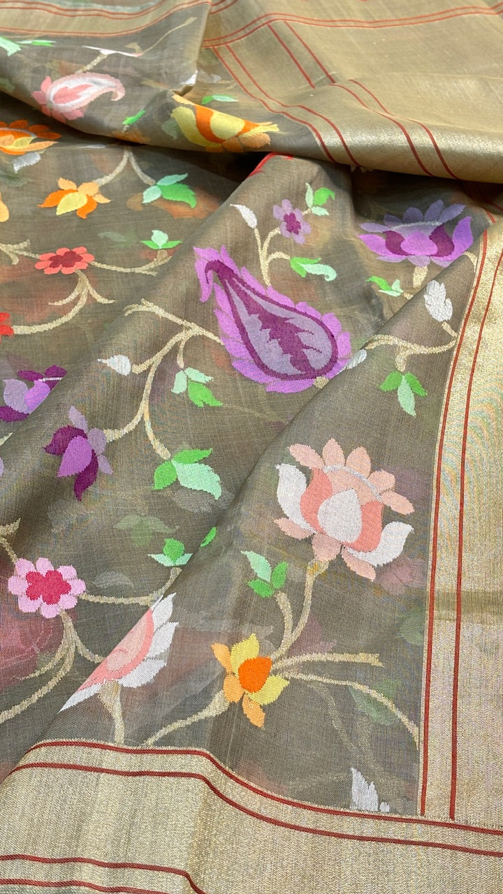 Grey Banarasi Tissue Handwoven Saree with Real Zari