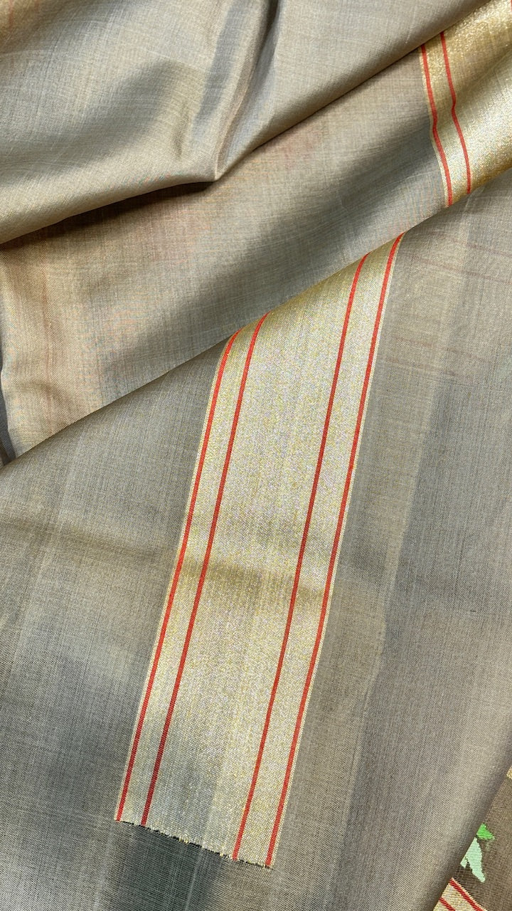 Grey Banarasi Tissue Handwoven Saree with Real Zari