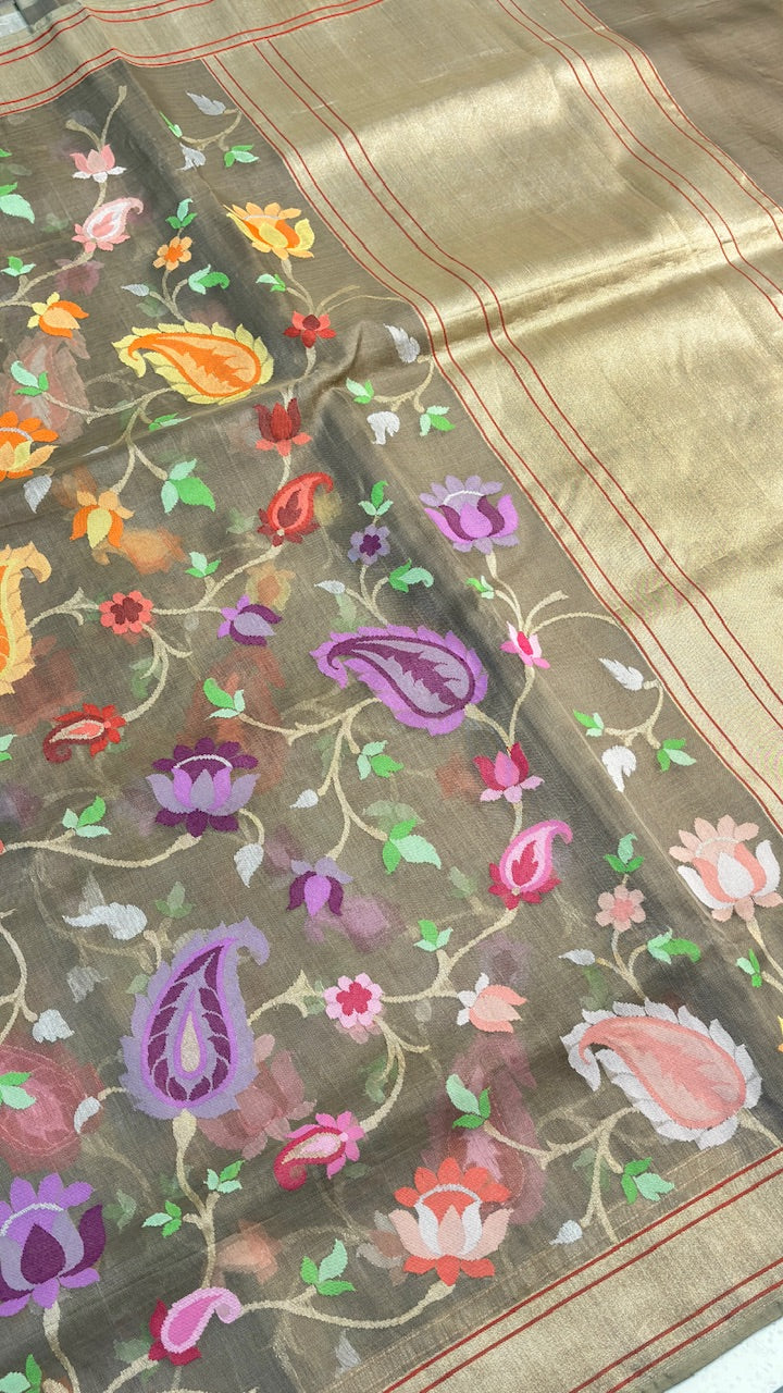 Grey Banarasi Tissue Handwoven Saree with Real Zari