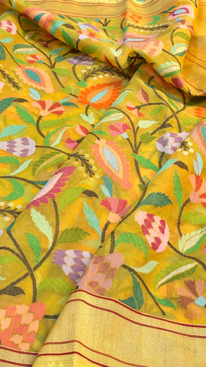Lemon Yellow Banarasi Tissue Handwoven Saree with Real Zari