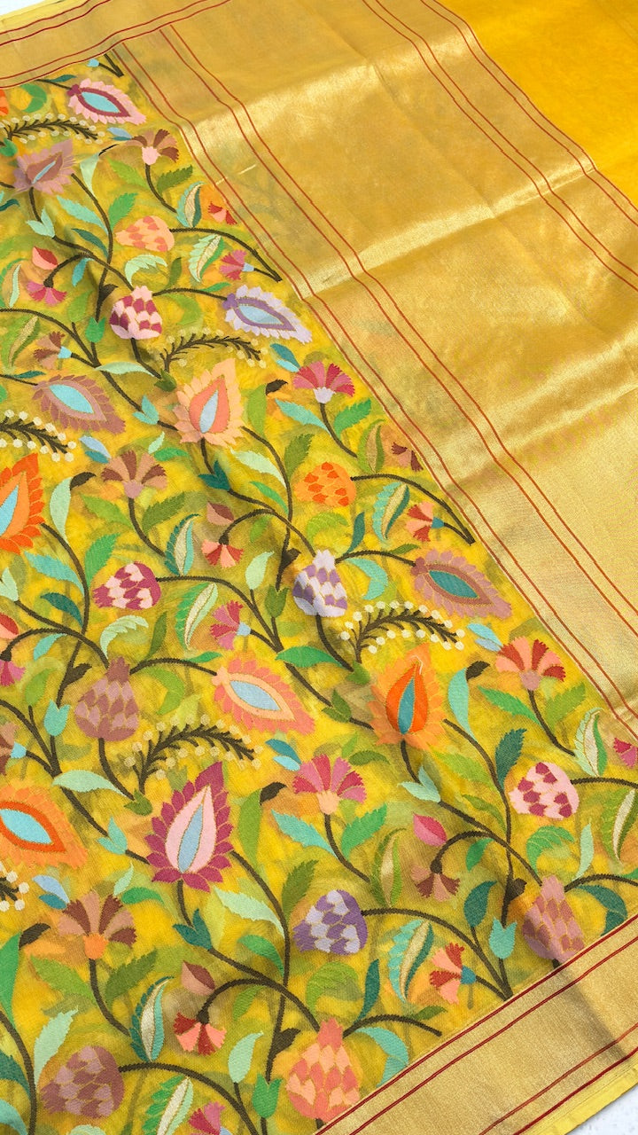 Lemon Yellow Banarasi Tissue Handwoven Saree with Real Zari
