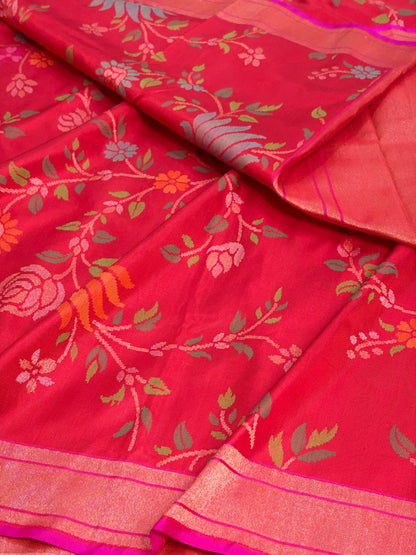 Red Handwoven Real Zari Banarasi Silk Jamdani Saree