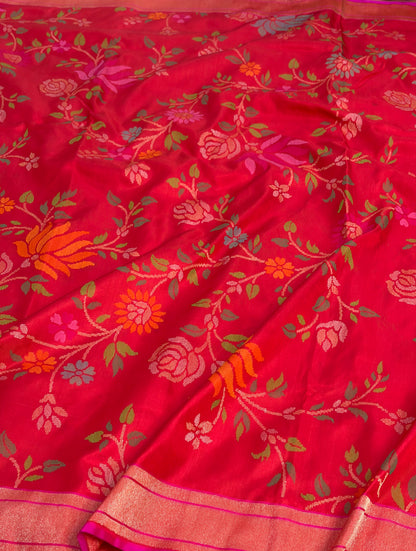 Red Handwoven Real Zari Banarasi Silk Jamdani Saree
