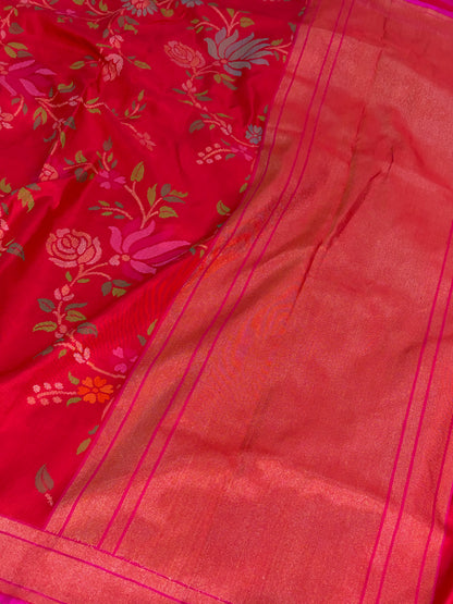 Red Handwoven Real Zari Banarasi Silk Jamdani Saree