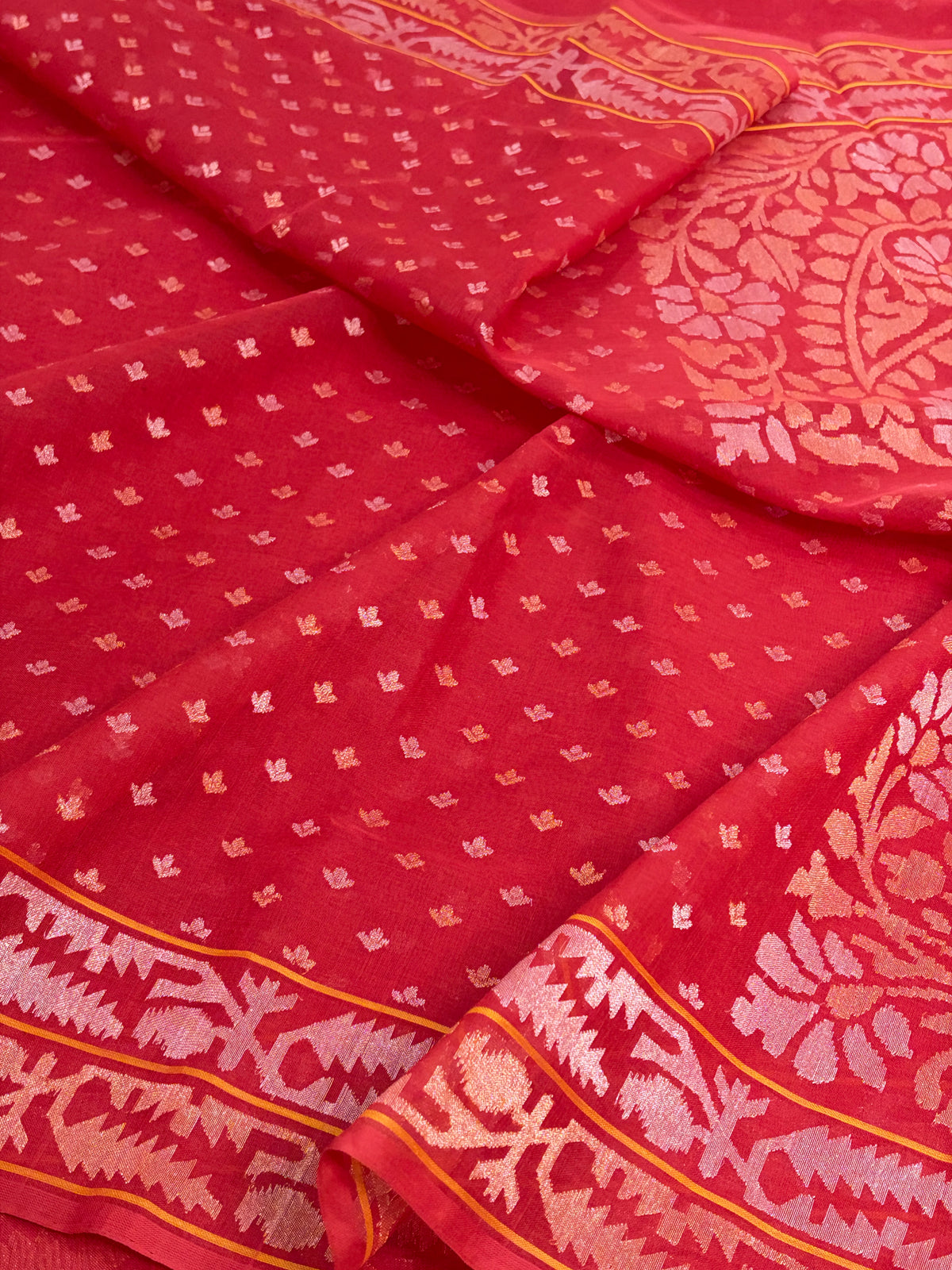 Red Handwoven Real Zari Banarasi Kora Jamdani Saree