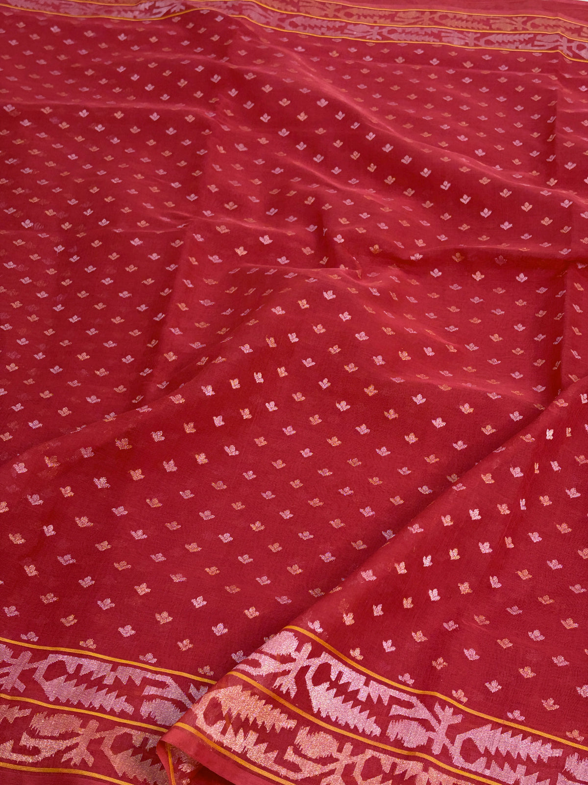Red Handwoven Real Zari Banarasi Kora Jamdani Saree