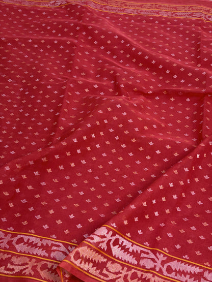 Red Handwoven Real Zari Banarasi Kora Jamdani Saree