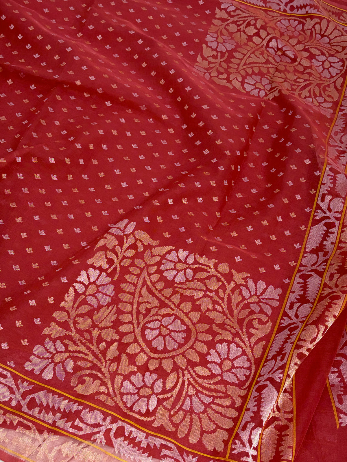 Red Handwoven Real Zari Banarasi Kora Jamdani Saree
