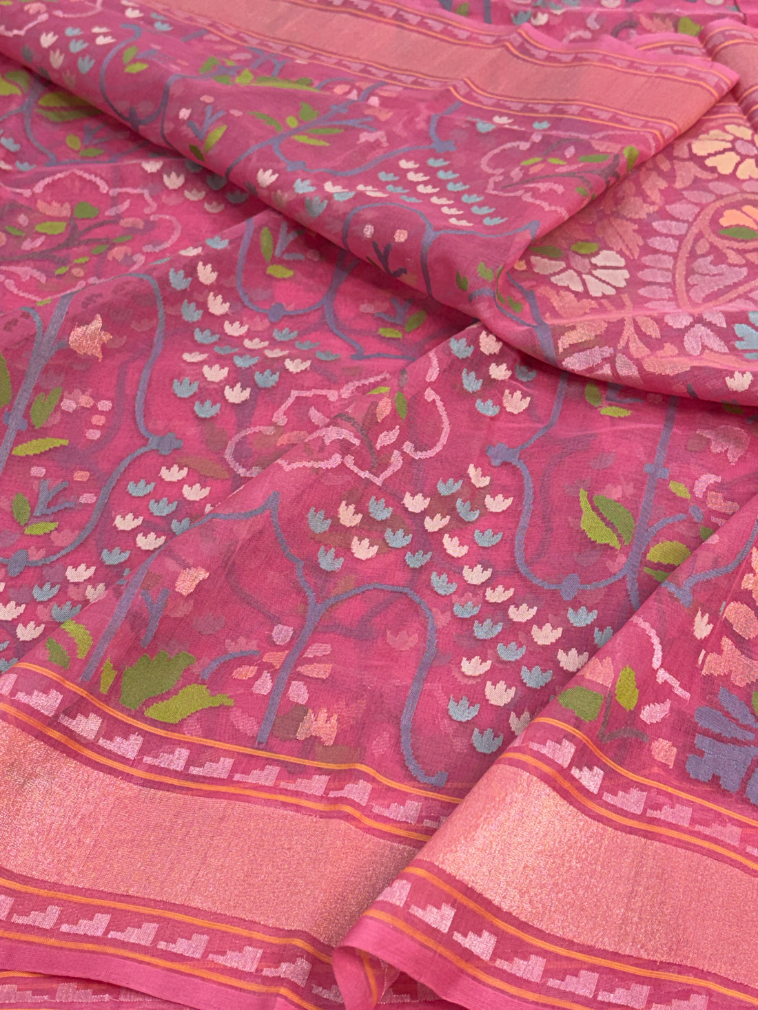 Peach Handwoven Real Zari Banarasi Kora Jamdani Saree