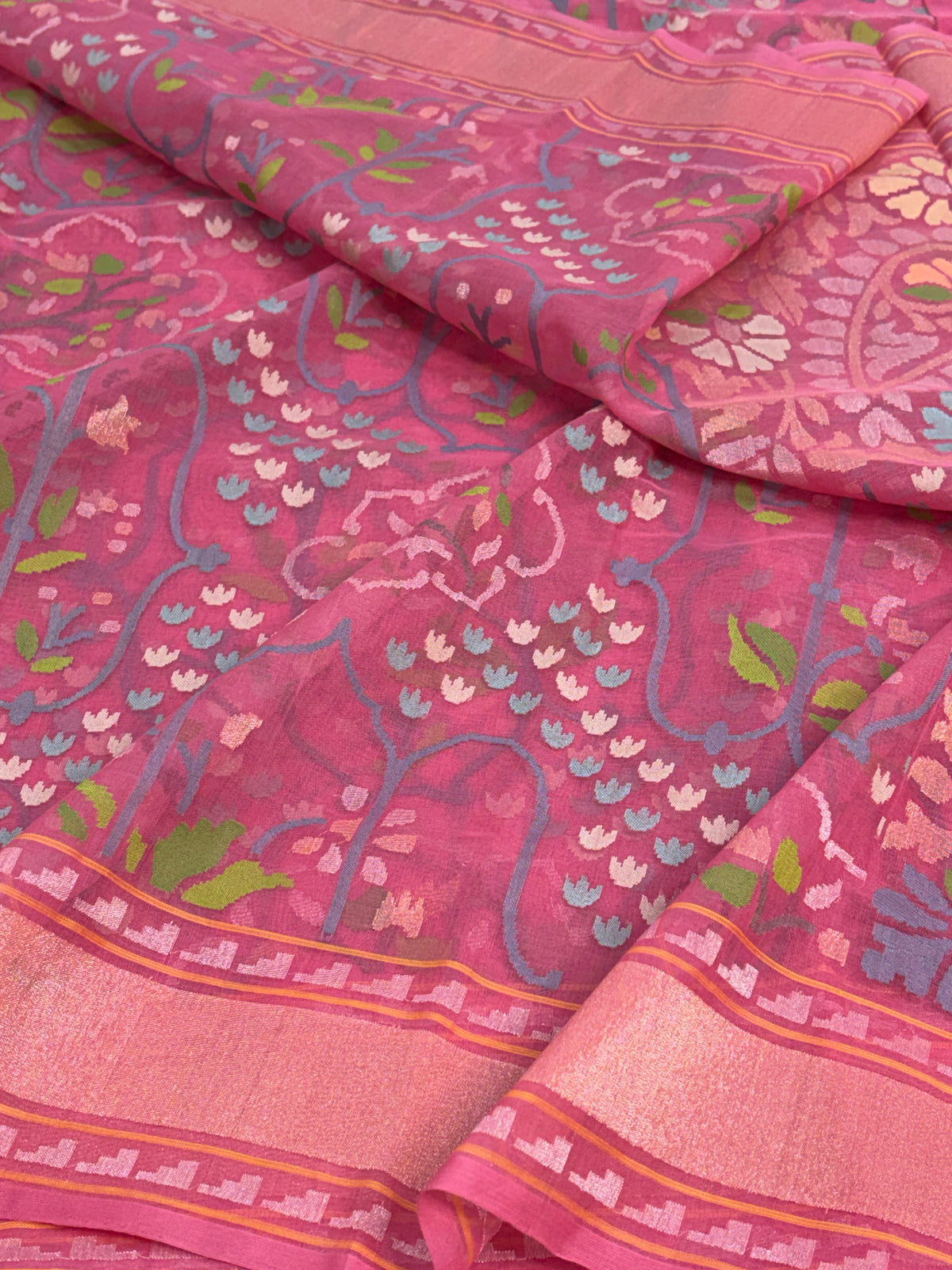Peach Handwoven Real Zari Banarasi Kora Jamdani Saree