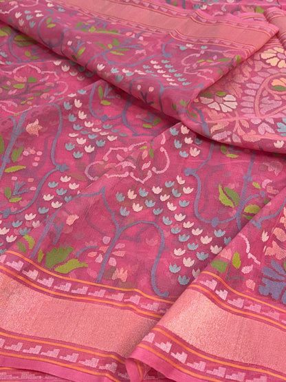 Peach Handwoven Real Zari Banarasi Kora Jamdani Saree