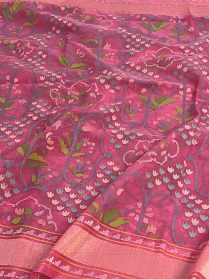 Peach Handwoven Real Zari Banarasi Kora Jamdani Saree