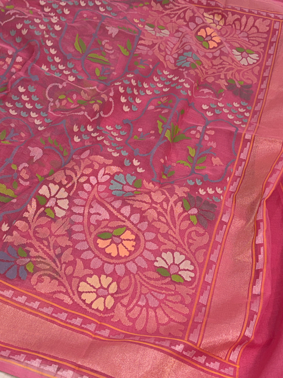 Peach Handwoven Real Zari Banarasi Kora Jamdani Saree
