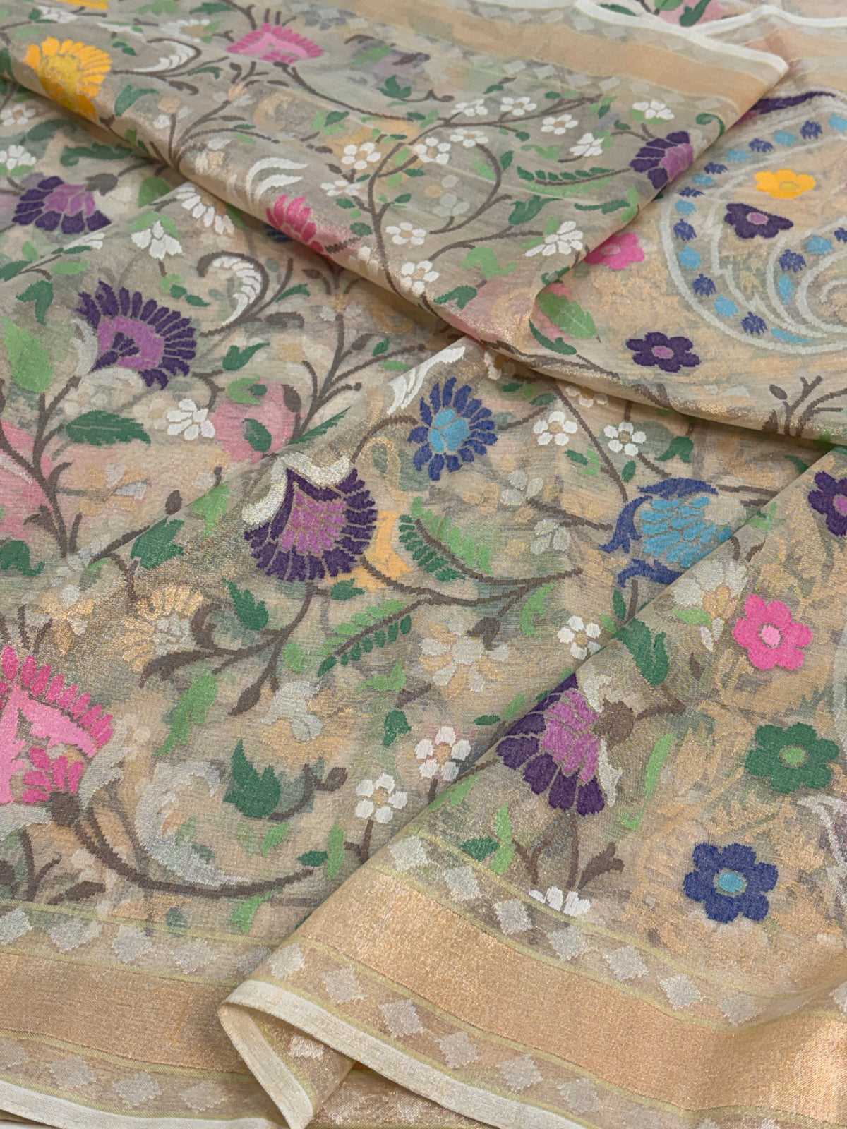 Ivory Handwoven Real Zari Banarasi Tissue Jamdani Saree