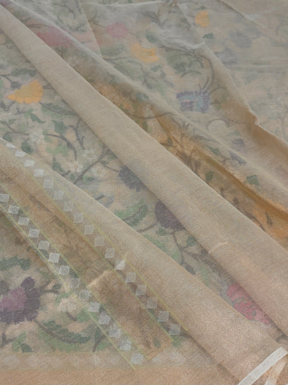 Ivory Handwoven Real Zari Banarasi Tissue Jamdani Saree
