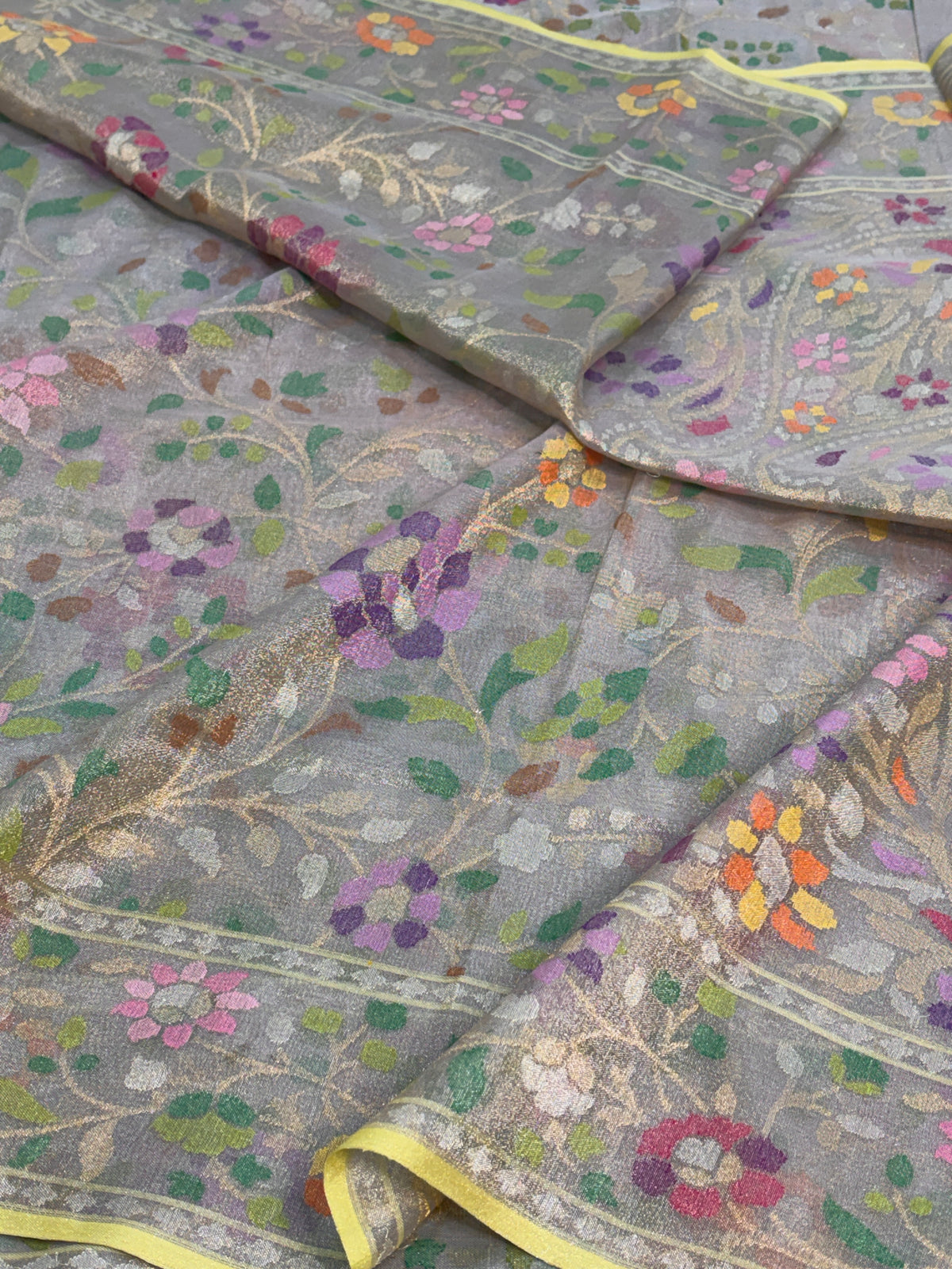 Grey Handwoven Real Zari Banarasi Tissue Jamdani Saree