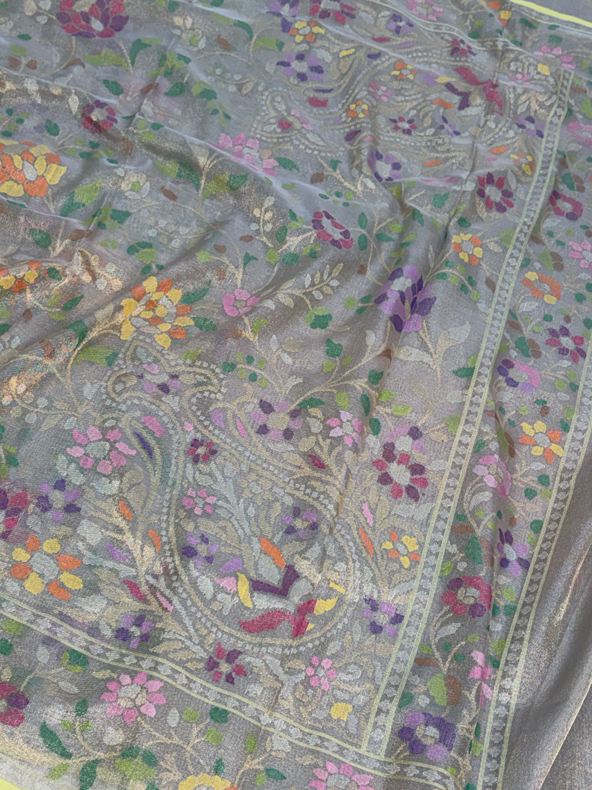 Grey Handwoven Real Zari Banarasi Tissue Jamdani Saree