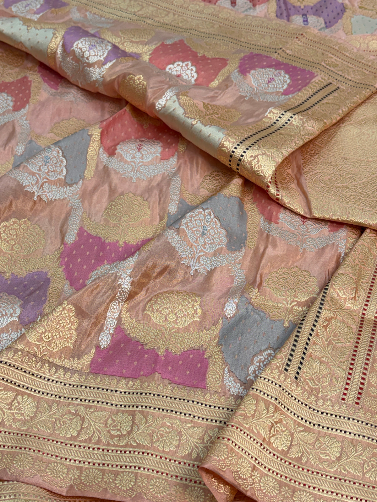 Peach Handwoven Pure Banarasi Rangakat Tissue Saree