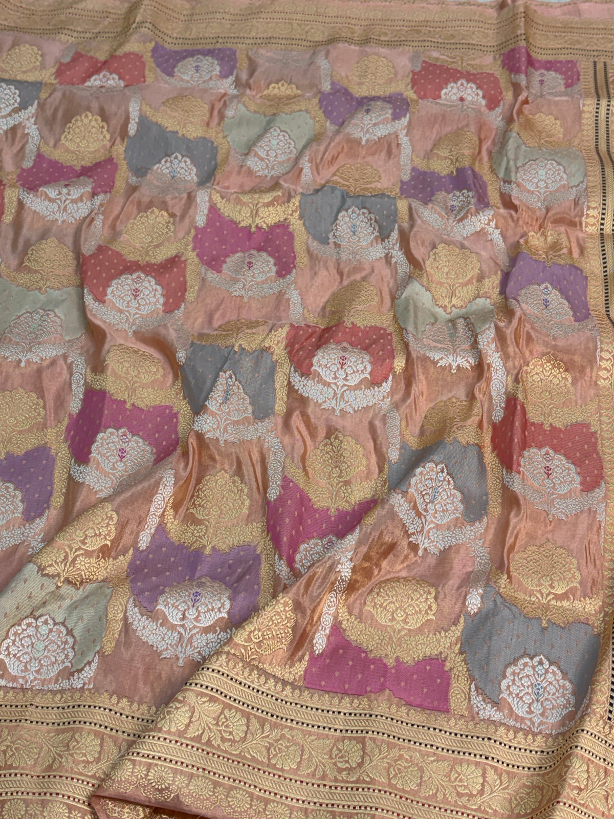 Peach Handwoven Pure Banarasi Rangakat Tissue Saree