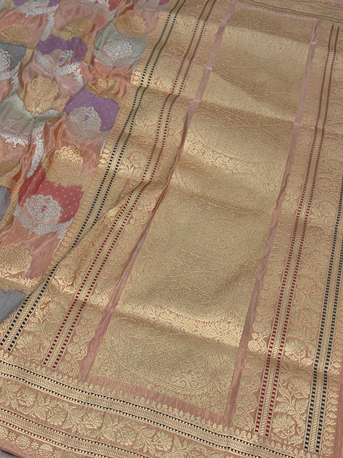 Peach Handwoven Pure Banarasi Rangakat Tissue Saree