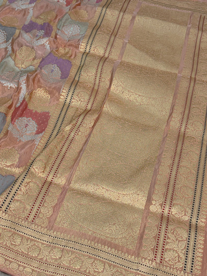 Peach Handwoven Pure Banarasi Rangakat Tissue Saree