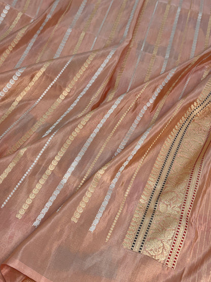 Peach Handwoven Pure Banarasi Rangakat Tissue Saree