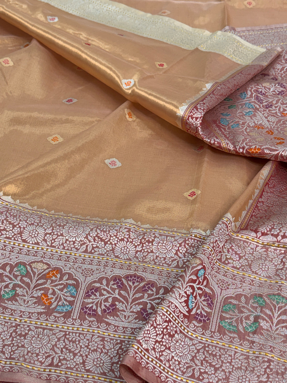 Gold Handwoven Pure Banarasi Kota Tissue Saree with Kadhiyaal Border