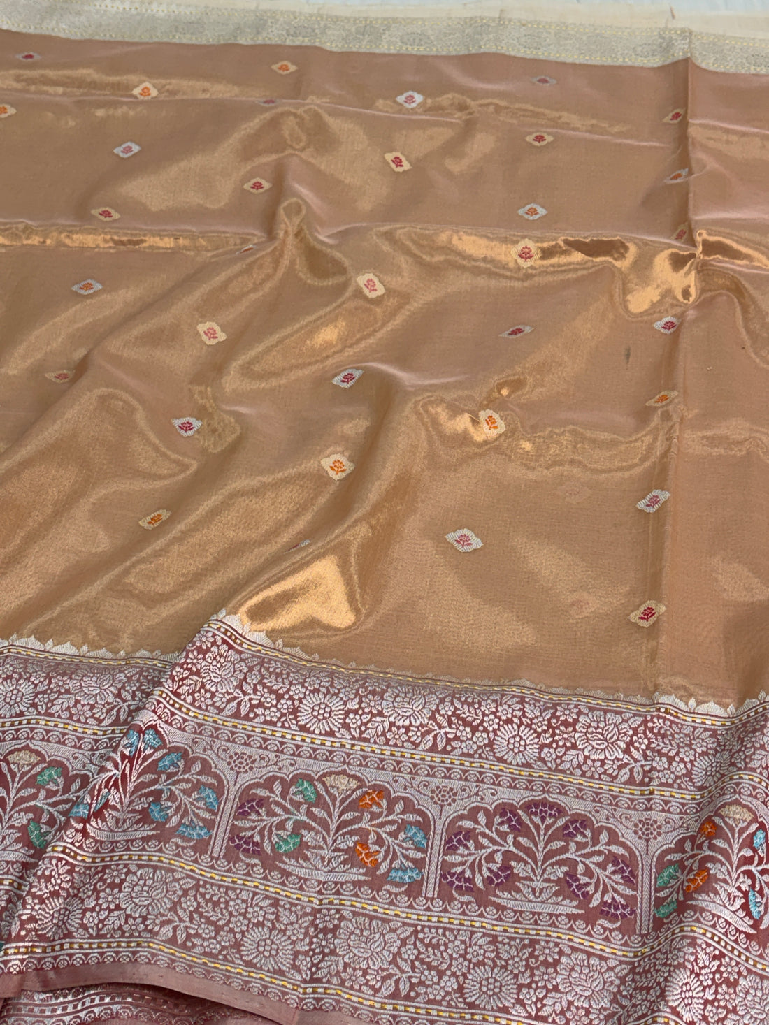 Gold Handwoven Pure Banarasi Kota Tissue Saree with Kadhiyaal Border