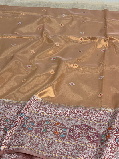 Gold Handwoven Pure Banarasi Kota Tissue Saree with Kadhiyaal Border