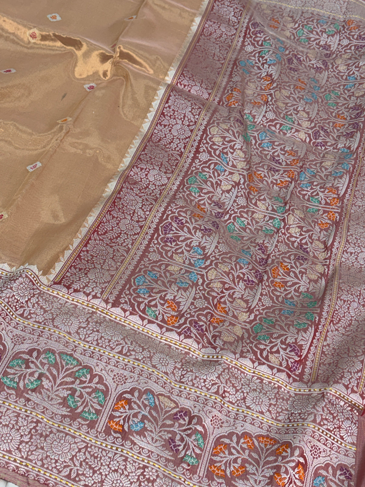 Gold Handwoven Pure Banarasi Kota Tissue Saree with Kadhiyaal Border