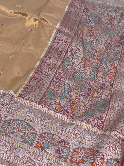 Gold Handwoven Pure Banarasi Kota Tissue Saree with Kadhiyaal Border