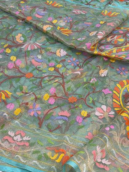 Turquoise Blue Handwoven Pure Banarasi Real Zari Tissue Jamdani Saree