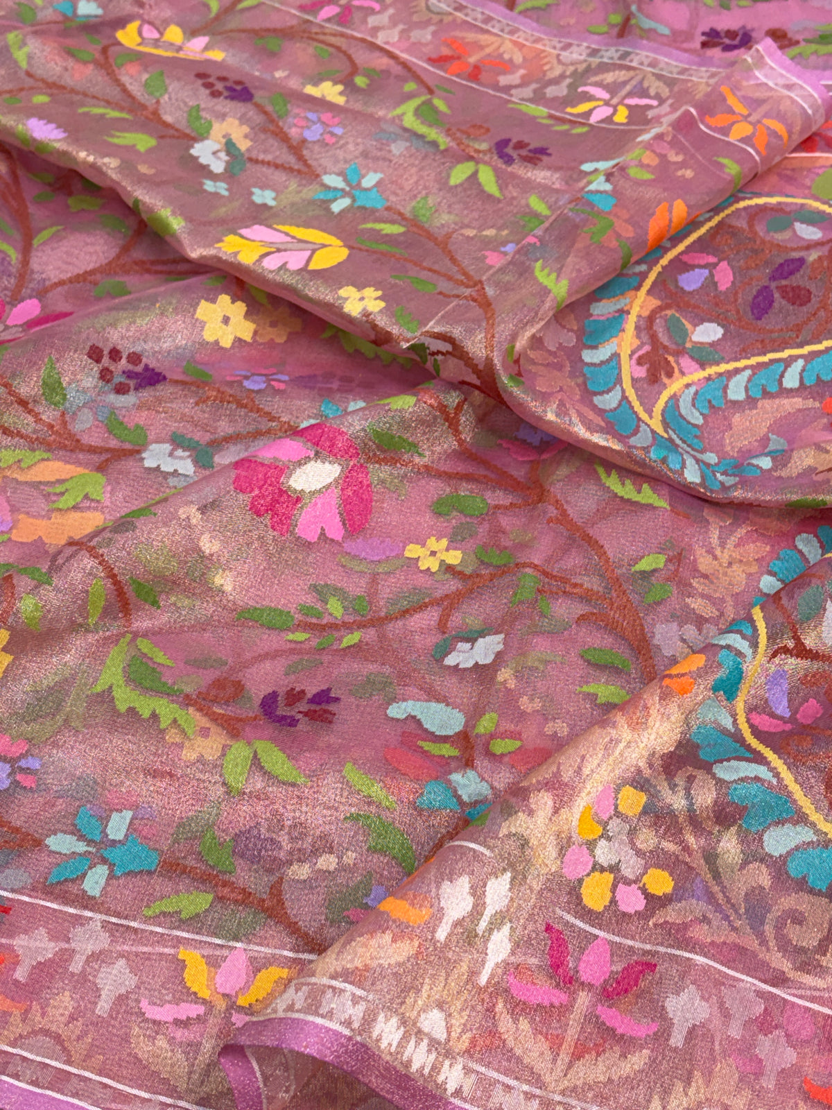 Pink Handwoven Pure Banarasi Real Zari Tissue Jamdani Saree