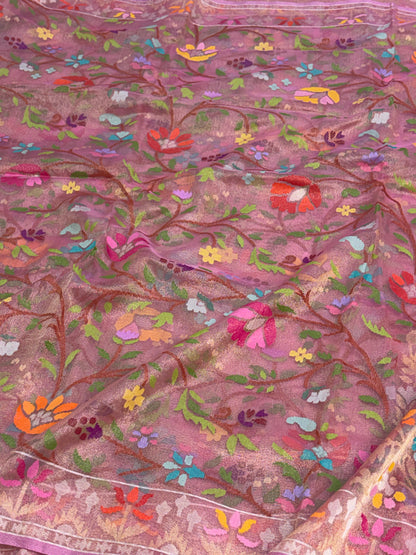 Pink Handwoven Pure Banarasi Real Zari Tissue Jamdani Saree
