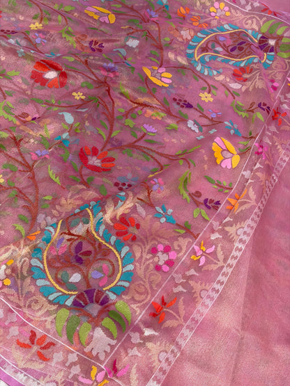 Pink Handwoven Pure Banarasi Real Zari Tissue Jamdani Saree