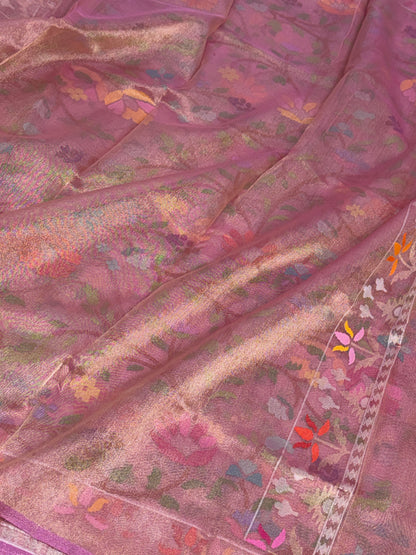 Pink Handwoven Pure Banarasi Real Zari Tissue Jamdani Saree