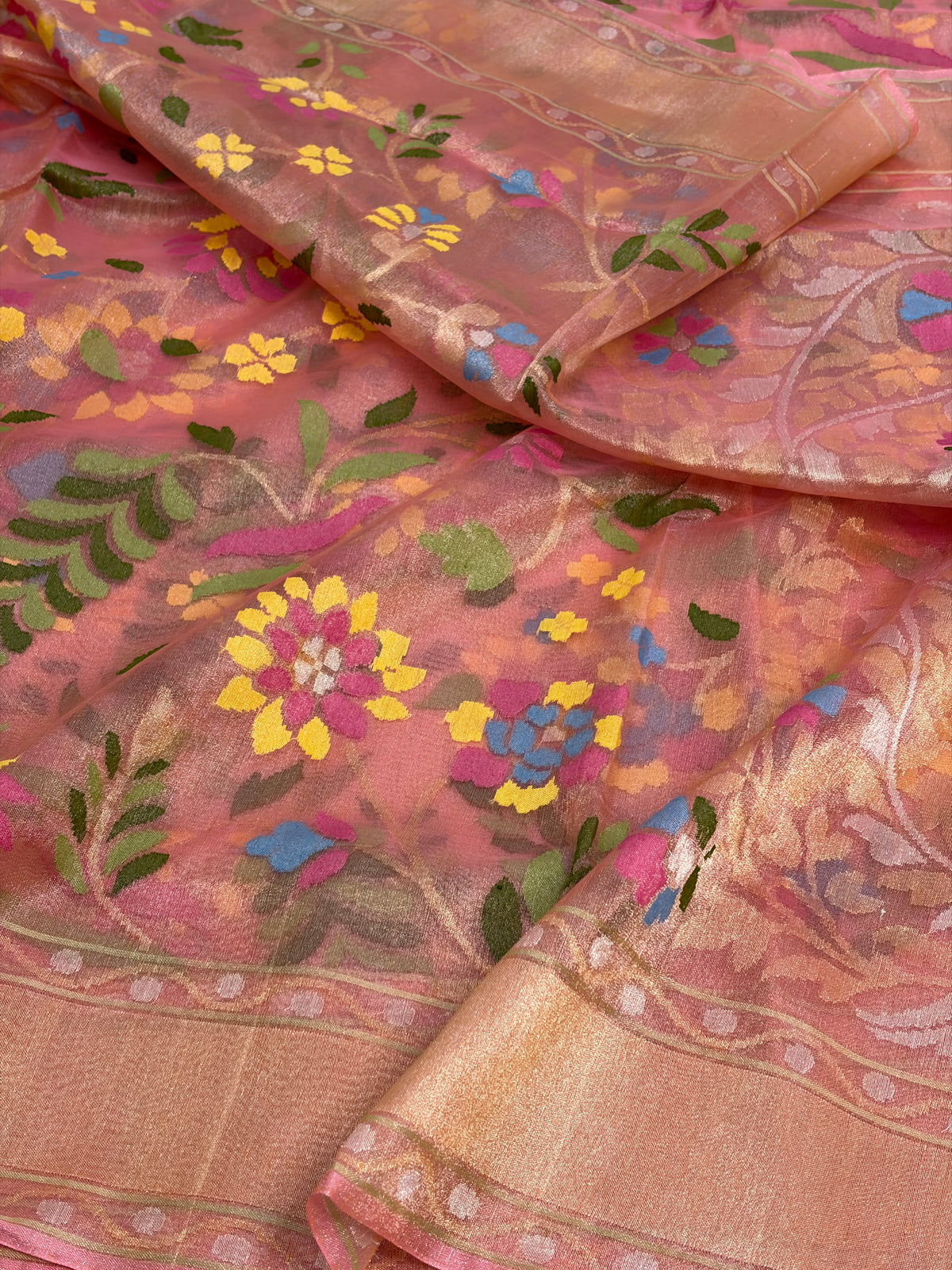 Peach Handwoven Pure Banarasi Real Zari Tissue Jamdani Saree