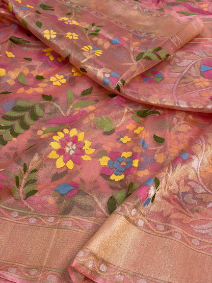 Peach Handwoven Pure Banarasi Real Zari Tissue Jamdani Saree
