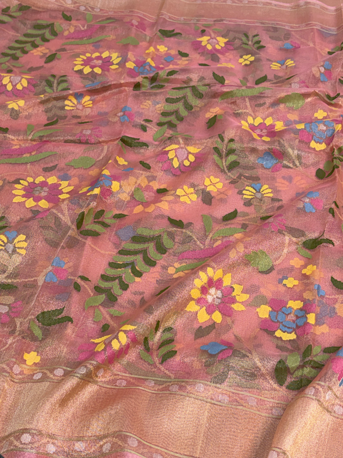 Peach Handwoven Pure Banarasi Real Zari Tissue Jamdani Saree