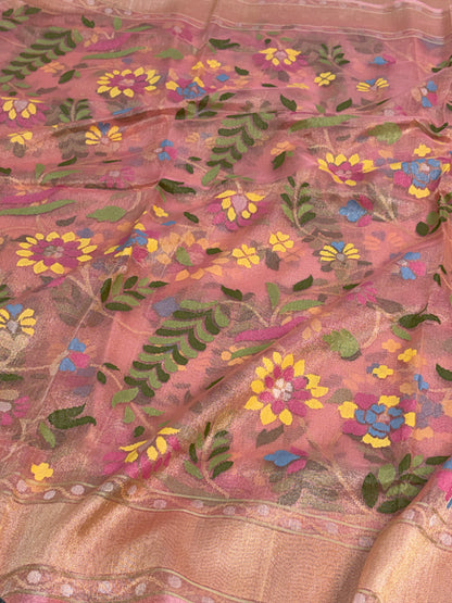 Peach Handwoven Pure Banarasi Real Zari Tissue Jamdani Saree